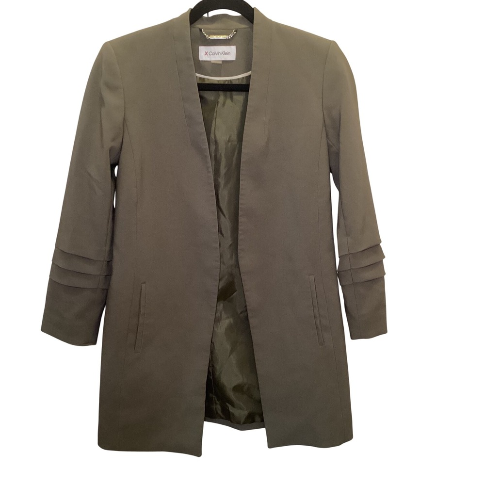 X Calvin Klein Women Olive Green Open Front Longline Blazer Pleated Cuff Size 0